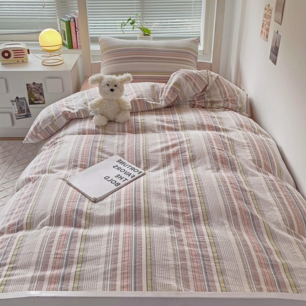 91家纺网 家纺一手货源 找家纺 欣晴家纺 2024新款学生宿舍床上下铺亲肤水洗棉三件套 莫斯-粉