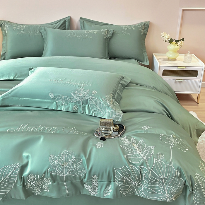 91家纺网 家纺一手货源 找家纺 2024新款亲肤棉磨毛刺绣四件套-花前悦夏 花前悦夏-青草绿