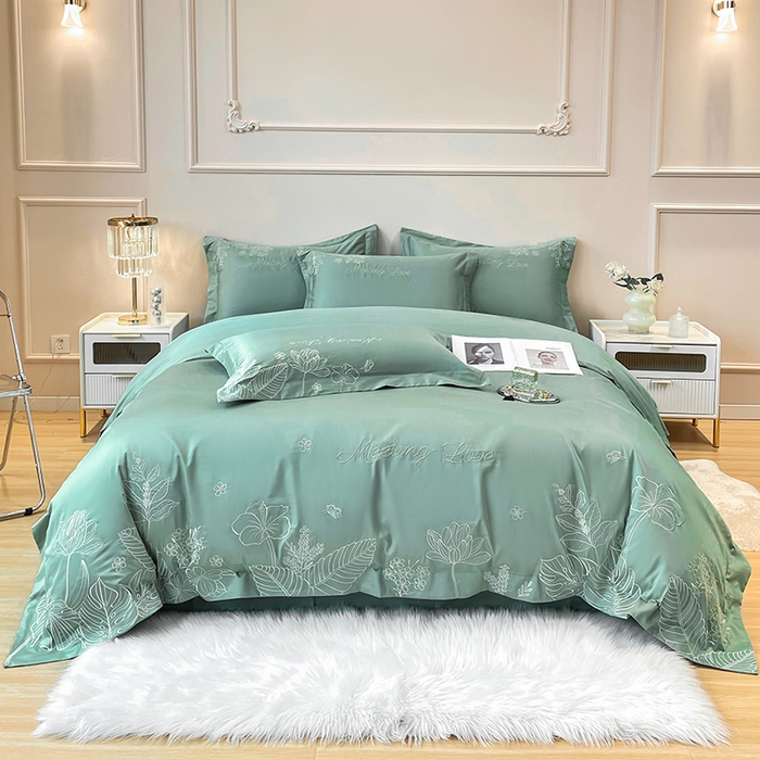 91家纺网 家纺一手货源 找家纺 2024新款亲肤棉磨毛刺绣四件套-花前悦夏 花前悦夏-青草绿