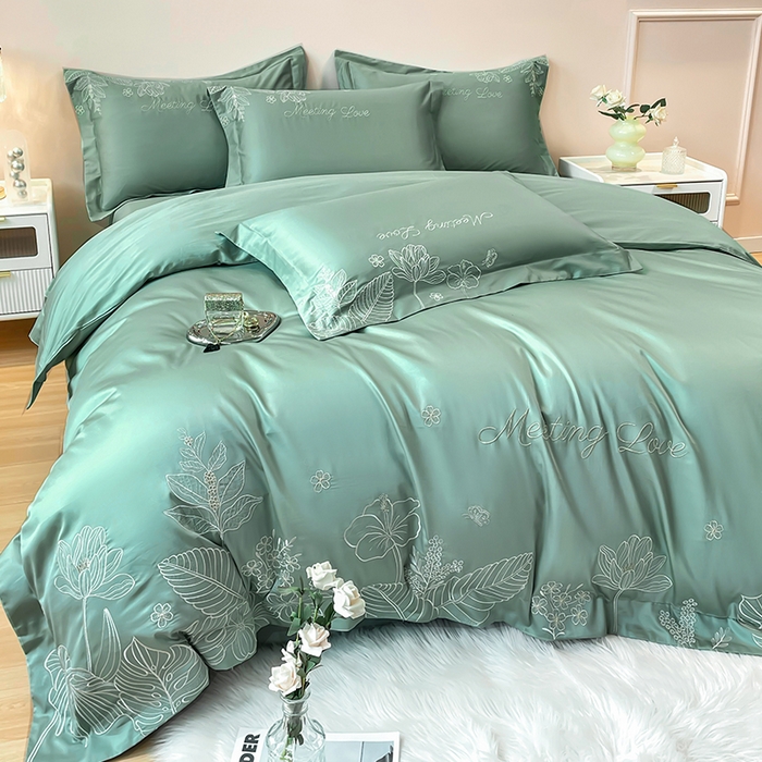 91家纺网 家纺一手货源 找家纺 2024新款亲肤棉磨毛刺绣四件套-花前悦夏 花前悦夏-青草绿