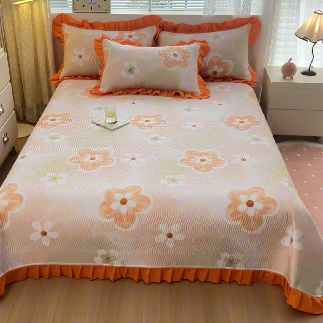 91家纺网 家纺一手货源 找家纺 恋绒家纺 2025新款全棉床盖纯棉夹棉床盖花边款直角款（可定做） 春季恋歌-桔