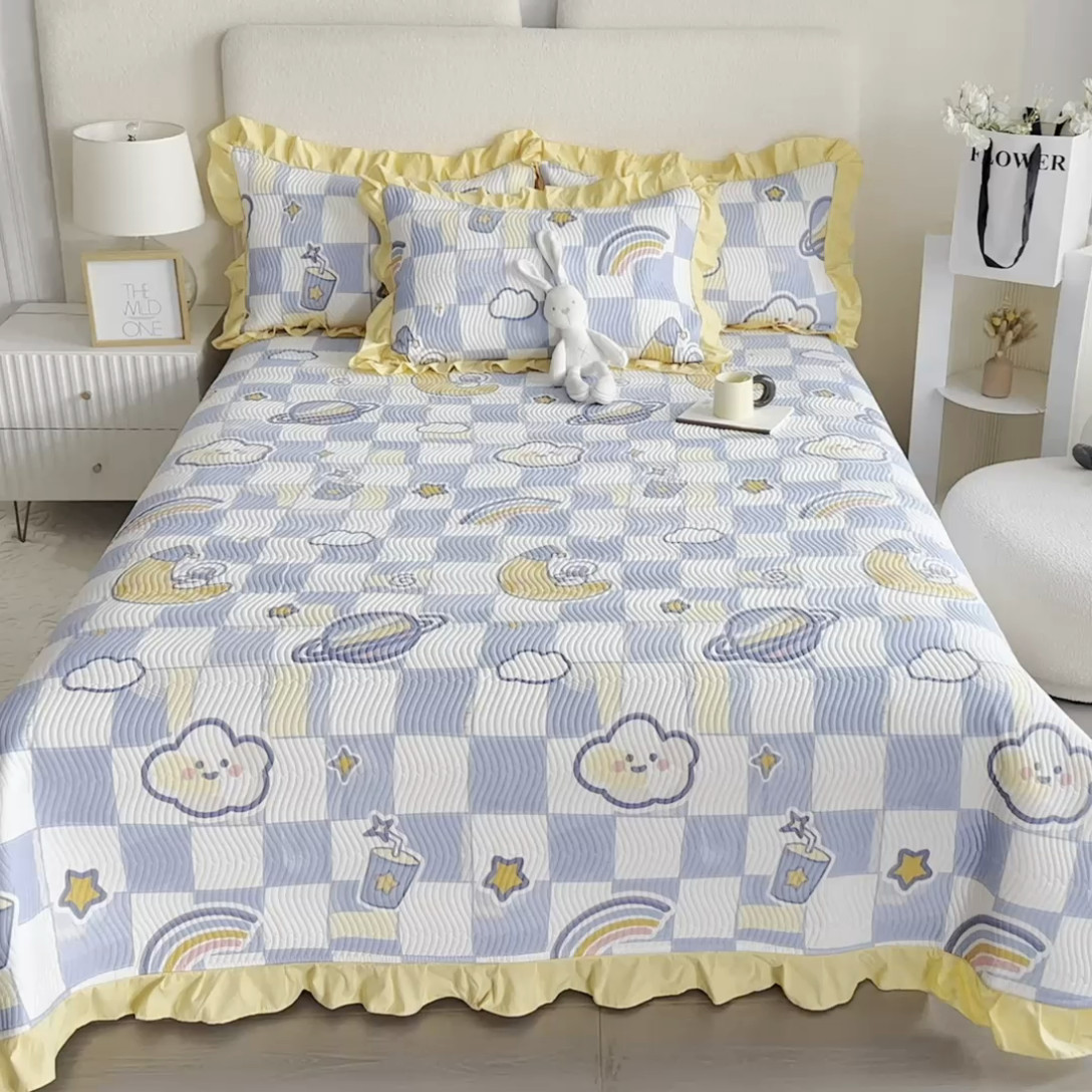 91家纺网 家纺一手货源 找家纺 恋绒家纺 2025新款全棉床盖纯棉夹棉床盖花边款直角款（可定做） 月亮宝宝