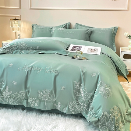 91家纺网 家纺一手货源 找家纺 2024新款亲肤棉磨毛刺绣四件套-花前悦夏 花前悦夏-青草绿