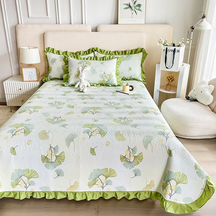 91家纺网 家纺一手货源 找家纺 恋绒家纺 2025新款全棉床盖纯棉夹棉床盖花边款直角款（可定做） 银杏叶语