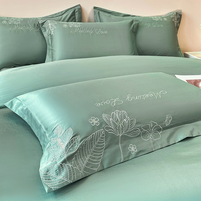 91家纺网 家纺一手货源 找家纺 2024新款亲肤棉磨毛刺绣四件套-花前悦夏 花前悦夏-青草绿