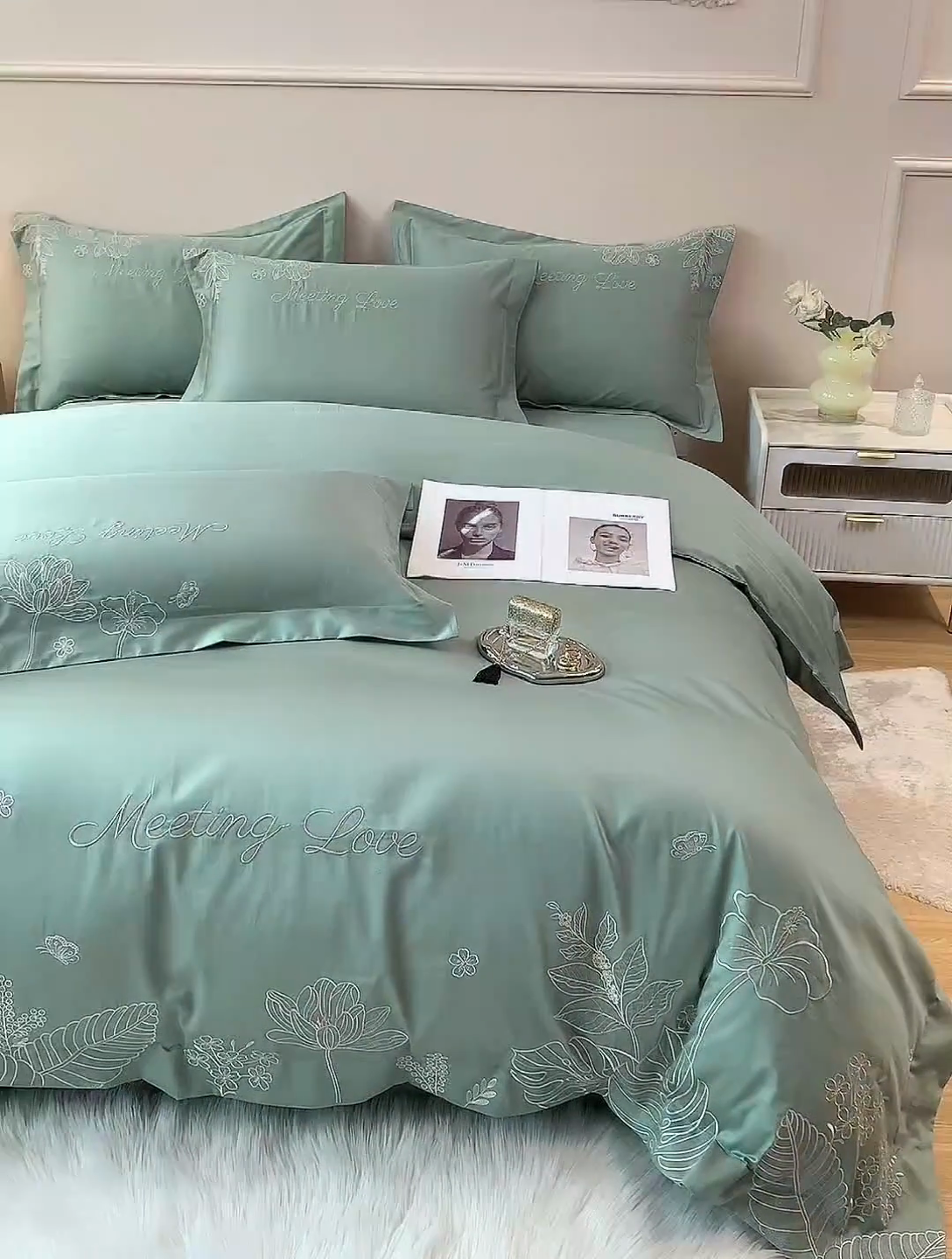 91家纺网 家纺一手货源 找家纺 2024新款亲肤棉磨毛刺绣四件套-花前悦夏 花前悦夏-青草绿