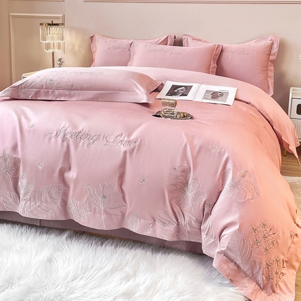 91家纺网 家纺一手货源 找家纺 2024新款亲肤棉磨毛刺绣四件套-花前悦夏 花前悦夏-桃夭粉