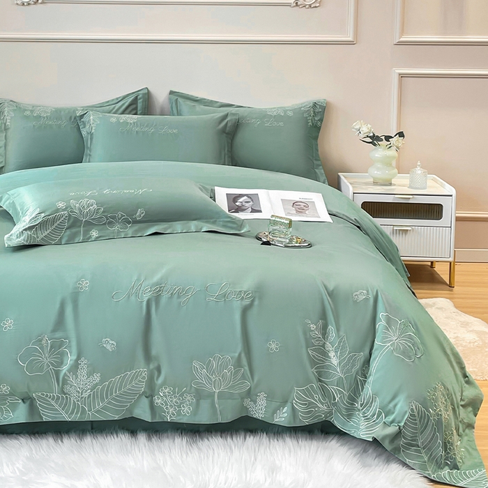 91家纺网 家纺一手货源 找家纺 2024新款亲肤棉磨毛刺绣四件套-花前悦夏 花前悦夏-青草绿