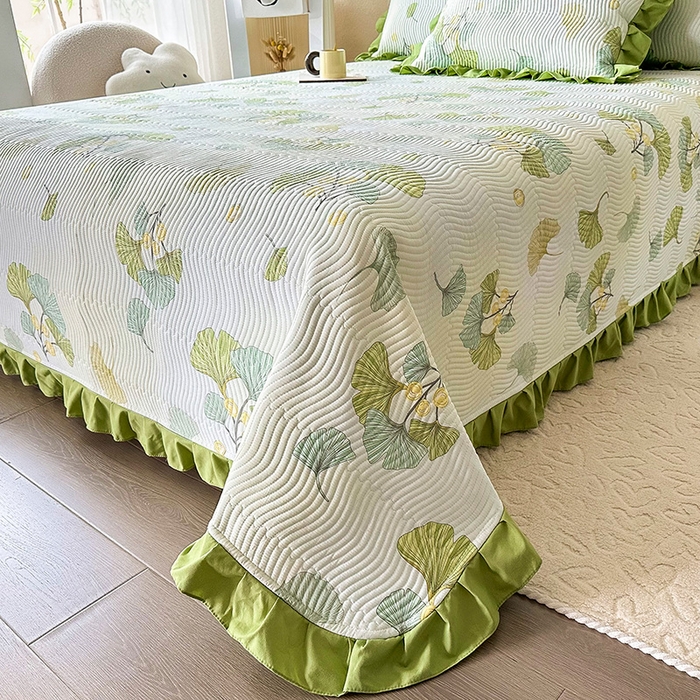 91家纺网 家纺一手货源 找家纺 恋绒家纺 2025新款全棉床盖纯棉夹棉床盖花边款直角款（可定做） 银杏叶语