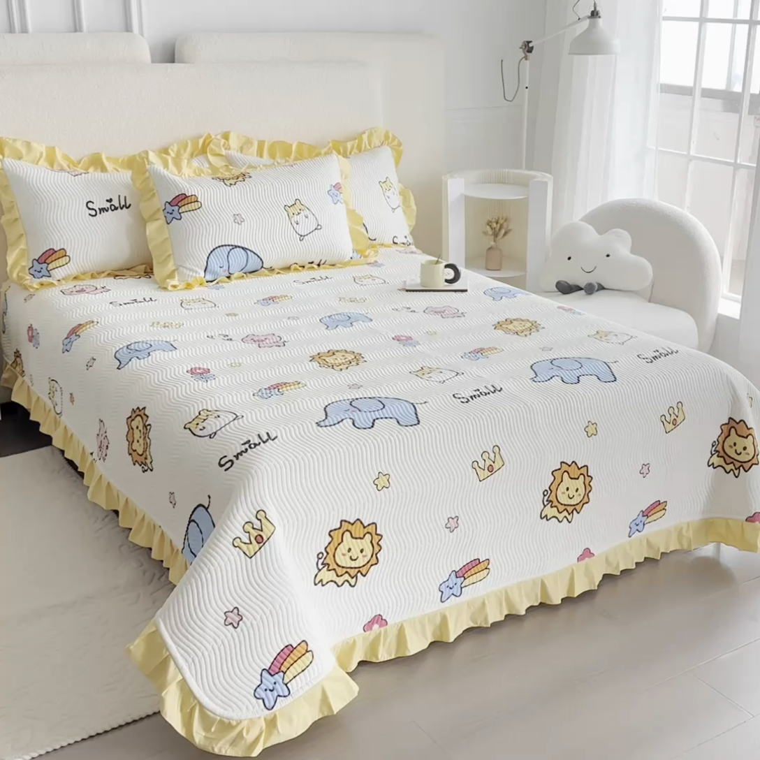 91家纺网 家纺一手货源 找家纺 恋绒家纺 2025新款全棉床盖纯棉夹棉床盖花边款直角款（可定做） 动物园