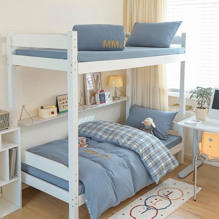 寐眠 2024新款全棉水洗棉刺绣学生三件套四件套宿舍套件 冰晶苍蓝