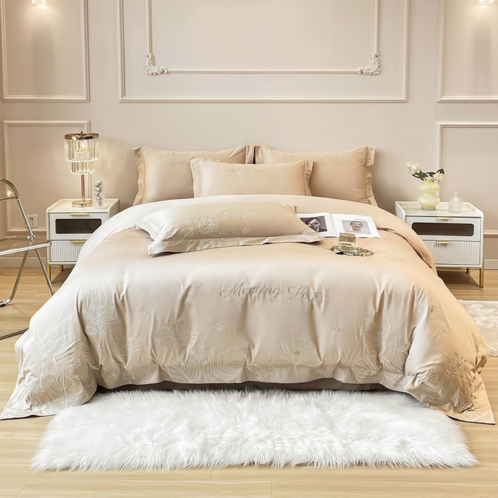 91家纺网 家纺一手货源 找家纺 2024新款亲肤棉磨毛刺绣四件套-花前悦夏 花前悦夏-燕麦奶