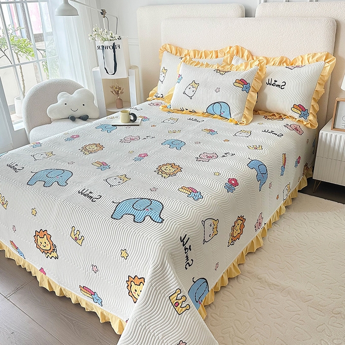 91家纺网 家纺一手货源 找家纺 恋绒家纺 2025新款全棉床盖纯棉夹棉床盖花边款直角款（可定做） 动物园