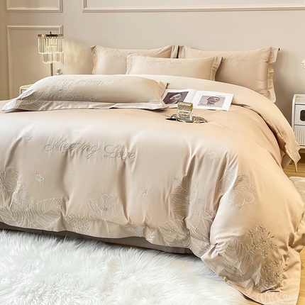 2024新款亲肤棉磨毛刺绣四件套-花前悦夏 花前悦夏-燕麦奶