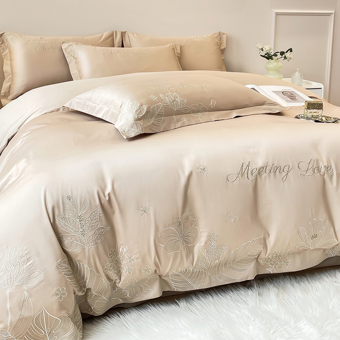 91家纺网 家纺一手货源 找家纺 2024新款亲肤棉磨毛刺绣四件套-花前悦夏 花前悦夏-燕麦奶