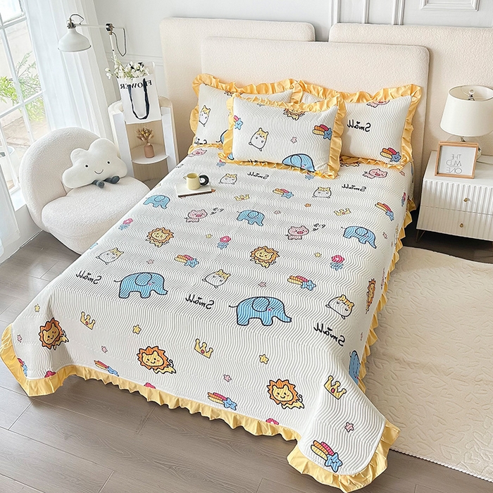 91家纺网 家纺一手货源 找家纺 恋绒家纺 2025新款全棉床盖纯棉夹棉床盖花边款直角款（可定做） 动物园