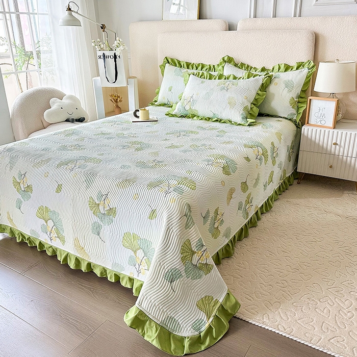 91家纺网 家纺一手货源 找家纺 恋绒家纺 2025新款全棉床盖纯棉夹棉床盖花边款直角款（可定做） 银杏叶语