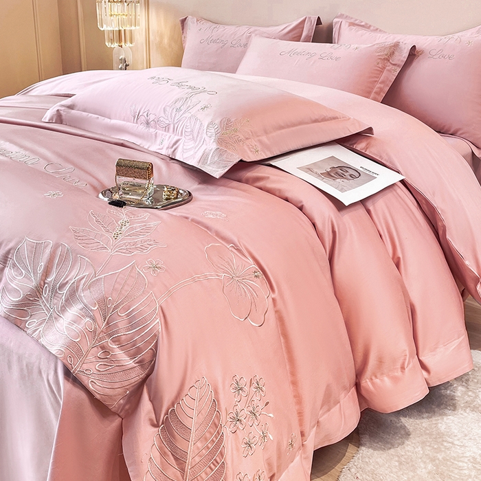 91家纺网 家纺一手货源 找家纺 2024新款亲肤棉磨毛刺绣四件套-花前悦夏 花前悦夏-桃夭粉