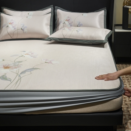 91家纺网 家纺一手货源 找家纺 21度C 2024新款冰藤国风凉席床笠款 一枝花