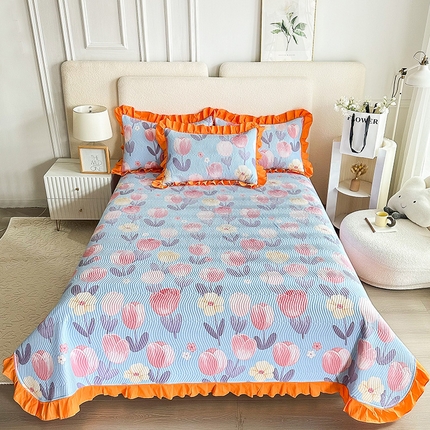 恋绒家纺 2025新款全棉床盖纯棉夹棉床盖花边款直角款（可定做） 淡香花语