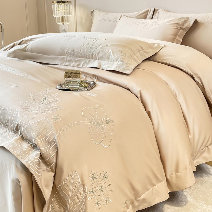 91家纺网 家纺一手货源 找家纺 2024新款亲肤棉磨毛刺绣四件套-花前悦夏 花前悦夏-燕麦奶