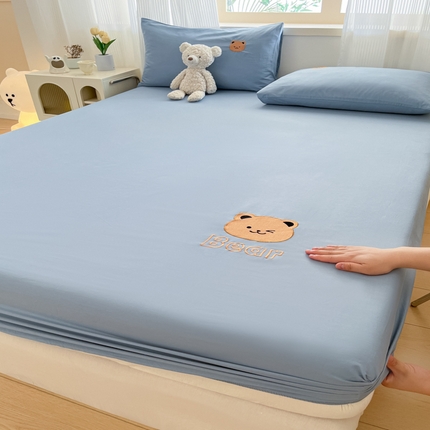 九亭家纺  2024新款熊熊系列全棉刺绣单层床笠 熊熊-莱茵蓝