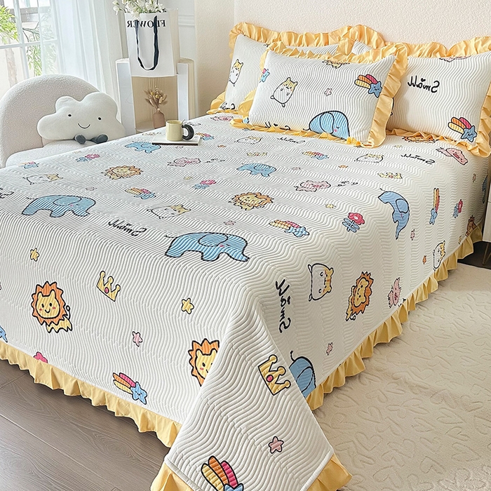 91家纺网 家纺一手货源 找家纺 恋绒家纺 2025新款全棉床盖纯棉夹棉床盖花边款直角款（可定做） 动物园