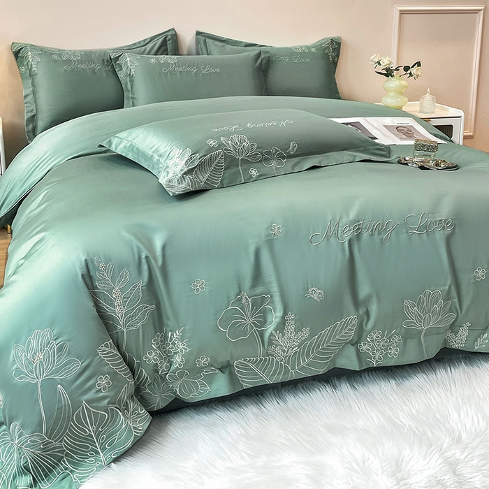 91家纺网 家纺一手货源 找家纺 2024新款亲肤棉磨毛刺绣四件套-花前悦夏 花前悦夏-青草绿