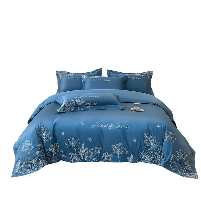 91家纺网 家纺一手货源 找家纺 2024新款亲肤棉磨毛刺绣四件套-花前悦夏 花前悦夏-深海蓝