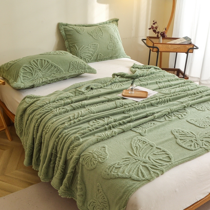 91家纺网 家纺一手货源 找家纺 芸锦豪 2024新款蝴蝶提花毛毯卷边款 蝴蝶提花卷边款-抹茶绿