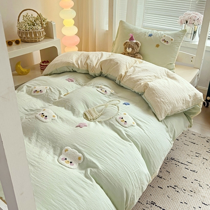 韩巢家纺 2024新款超柔水洗棉毛巾绣学生宿舍上下铺专用三件套-幸运熊系列（提供卖家秀） 幸运熊浅绿黄