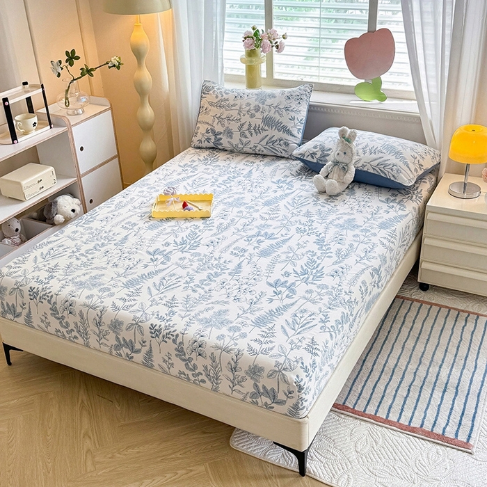 91家纺网 家纺一手货源 找家纺 妖妖家纺 2024新款超柔软糯亲肤水洗棉单床笠 兰花草