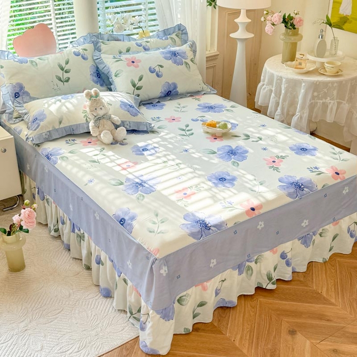 91家纺网 家纺一手货源 找家纺 美达家纺 2025新款全棉印花单床裙 花漫香-蓝