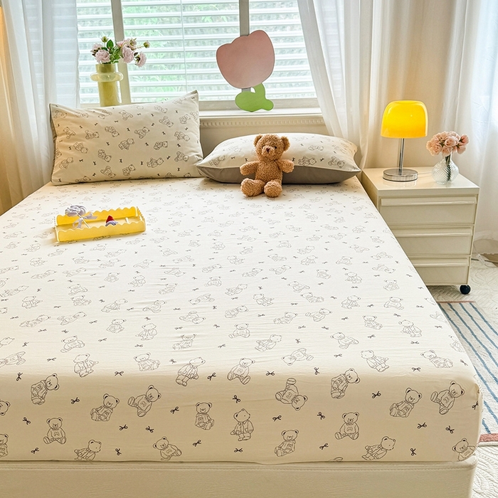 91家纺网 家纺一手货源 找家纺 妖妖家纺 2024新款超柔软糯亲肤水洗棉单床笠 可爱棕熊