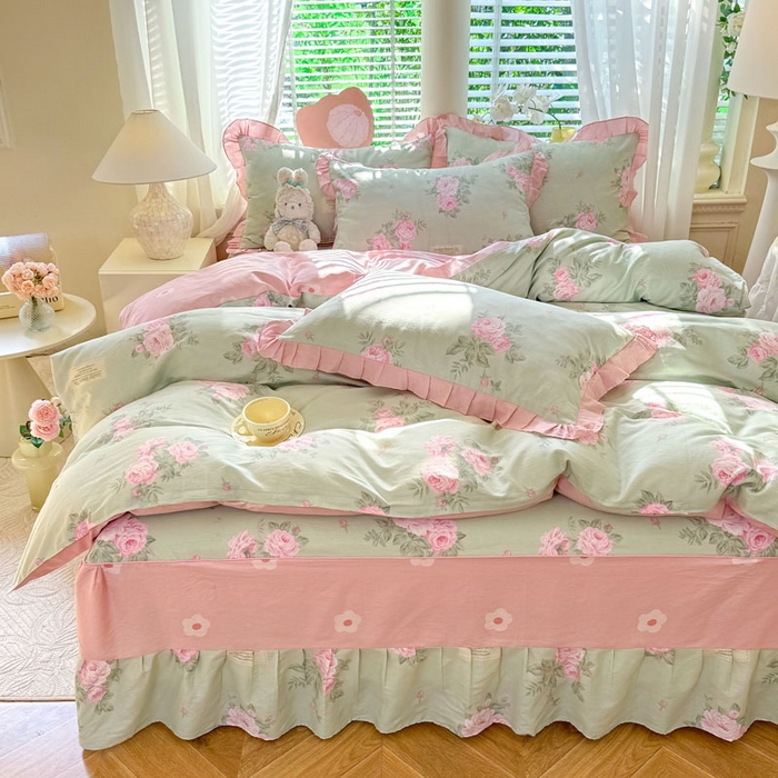 91家纺网 家纺一手货源 找家纺 美达家纺 2025新款全棉印花床裙四件套 花香梦境-绿