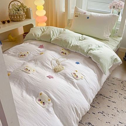 韩巢家纺 2024新款超柔水洗棉毛巾绣学生宿舍上下铺专用三件套-幸运熊系列（提供卖家秀） 幸运熊白绿