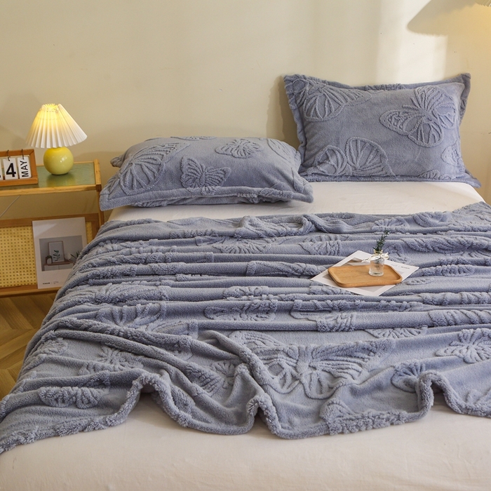 91家纺网 家纺一手货源 找家纺 芸锦豪 2024新款蝴蝶提花毛毯卷边款 蝴蝶提花卷边款-蓝灰