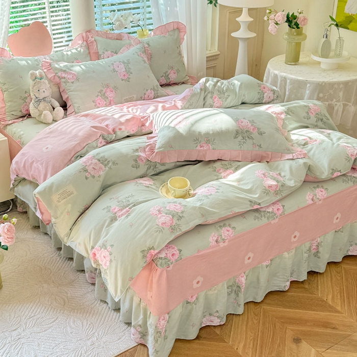 91家纺网 家纺一手货源 找家纺 美达家纺 2025新款全棉印花床裙四件套 花香梦境-绿