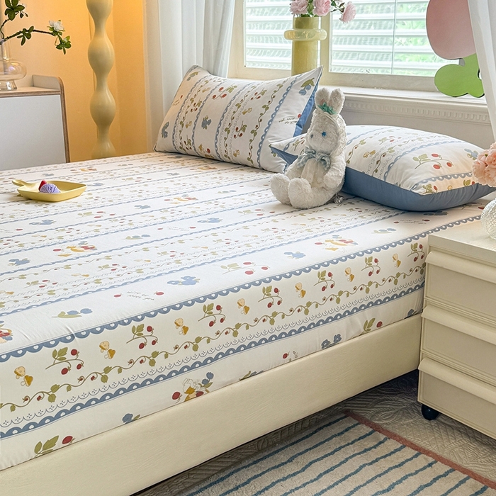 91家纺网 家纺一手货源 找家纺 妖妖家纺 2024新款超柔软糯亲肤水洗棉单床笠 花儿与兔