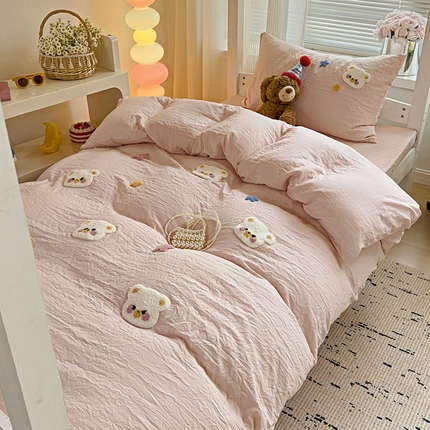 韩巢家纺 2024新款超柔水洗棉毛巾绣学生宿舍上下铺专用三件套-幸运熊系列（提供卖家秀） 幸运熊浅粉
