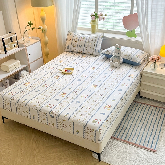 91家纺网 家纺一手货源 找家纺 妖妖家纺 2024新款超柔软糯亲肤水洗棉单床笠 花儿与兔