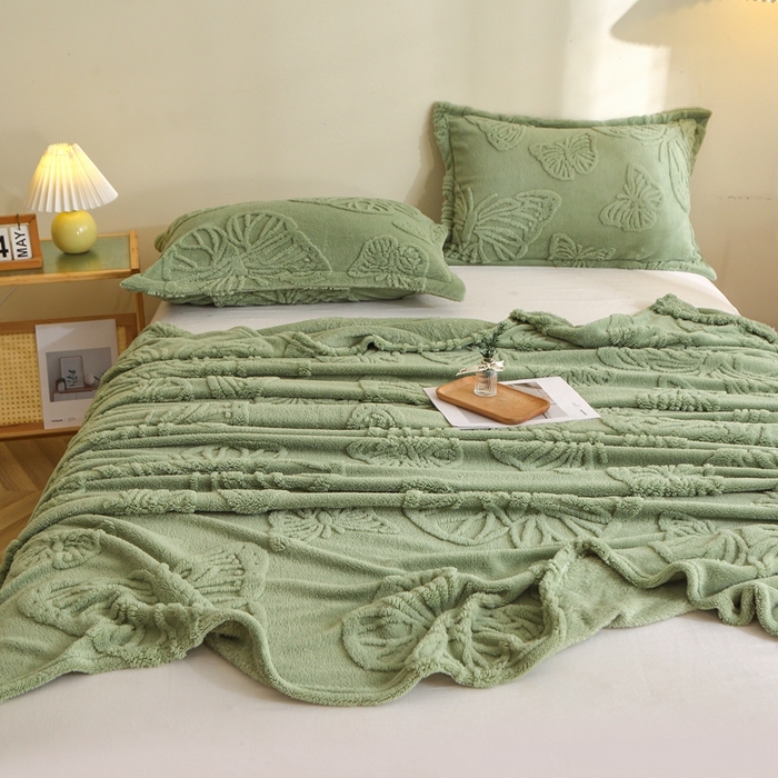 91家纺网 家纺一手货源 找家纺 芸锦豪 2024新款蝴蝶提花毛毯卷边款 蝴蝶提花卷边款-抹茶绿