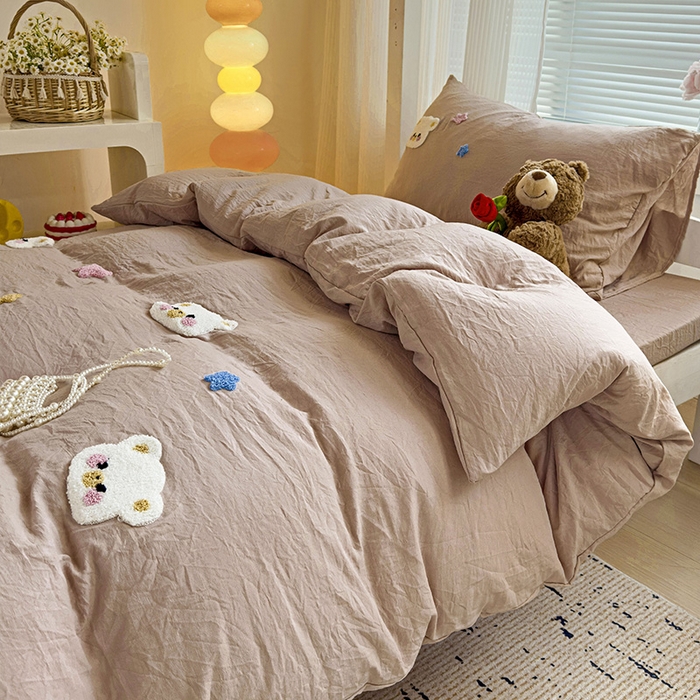 91家纺网 家纺一手货源 找家纺 韩巢家纺 2024新款超柔水洗棉毛巾绣学生宿舍上下铺专用单件被套-幸运熊系列（提供卖家秀） 幸运熊奶咖