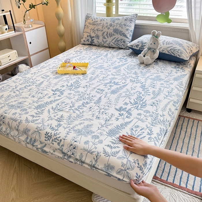 91家纺网 家纺一手货源 找家纺 妖妖家纺 2024新款超柔软糯亲肤水洗棉单床笠 兰花草