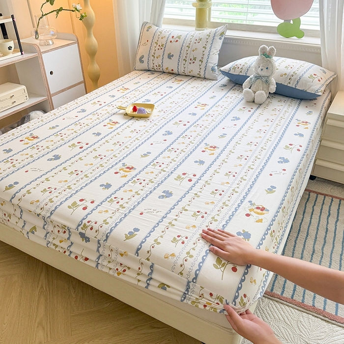 91家纺网 家纺一手货源 找家纺 妖妖家纺 2024新款超柔软糯亲肤水洗棉单床笠 花儿与兔