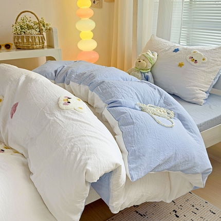 韩巢家纺 2024新款超柔水洗棉毛巾绣学生宿舍上下铺专用单件被套-幸运熊系列（提供卖家秀） 幸运熊白蓝