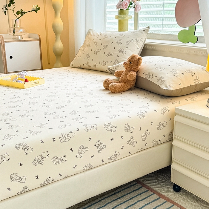 91家纺网 家纺一手货源 找家纺 妖妖家纺 2024新款超柔软糯亲肤水洗棉单床笠 可爱棕熊