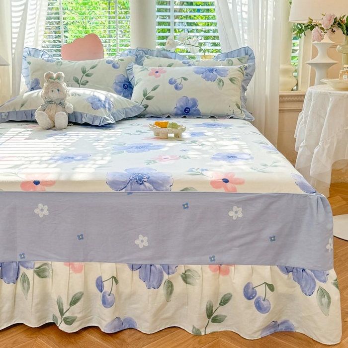 91家纺网 家纺一手货源 找家纺 美达家纺 2025新款全棉印花单床裙 花漫香-蓝