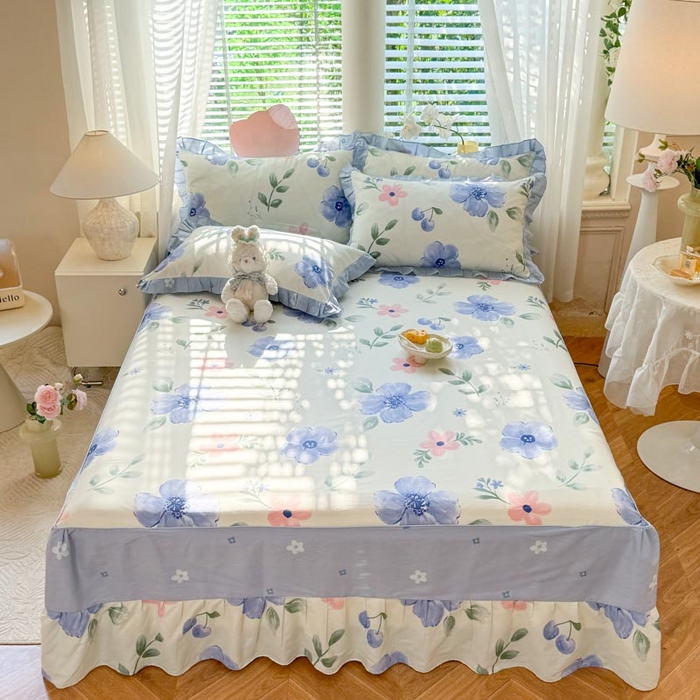 91家纺网 家纺一手货源 找家纺 美达家纺 2025新款全棉印花单床裙 花漫香-蓝