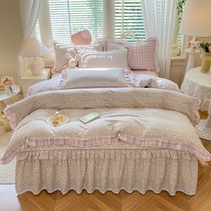 91家纺网 家纺一手货源 找家纺 美达家纺 2025新款全棉韩版床单款床裙款四件套 月光舒曼